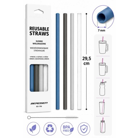 Słomki do kubka Berdsen plastikowe wielorazowe zestaw 4 + szczoteczka