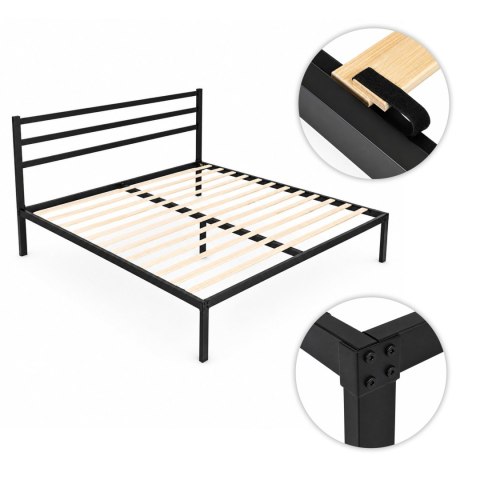 Łóżko metalowe 190x200 cm ze stelażem i zagłówkiem minimalistyczna czarna rama ModernHome
