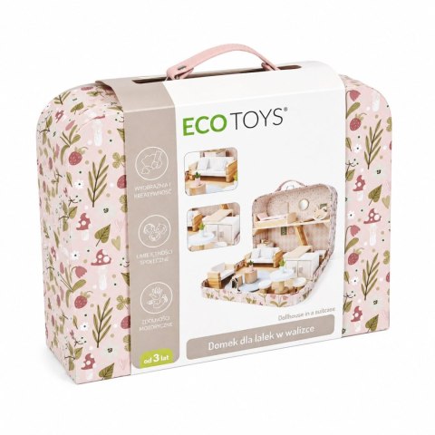 Domek dla lalek w walizce piętrowy drewniane mebelki zestaw 20 akcesoriów ECOTOYS