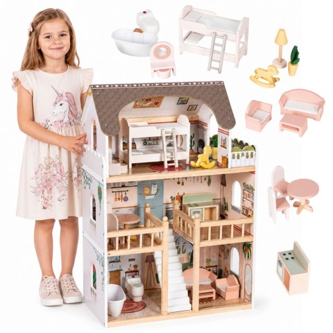 Drewniany domek dla lalek Laura 3 piętra 5 pomieszczeń 15 mebelków ECOTOYS