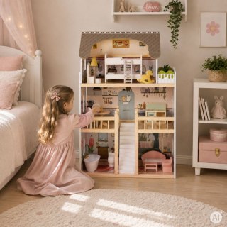 Drewniany domek dla lalek Laura 3 piętra 5 pomieszczeń 15 mebelków ECOTOYS