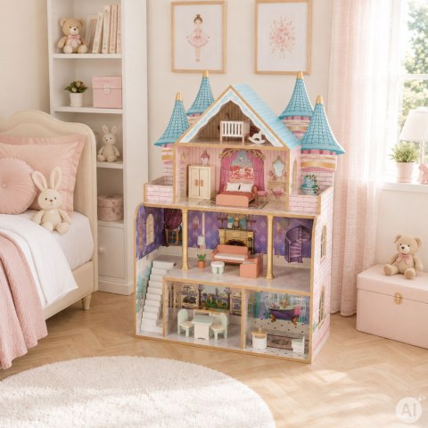 Drewniany domek dla lalek zamek Bella 4 piętra 5 pomieszczeń 15 mebelków ECOTOYS