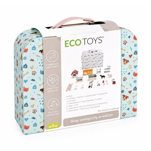 Sklep zoologiczny w walizce piętrowy drewniane mebelki zestaw 23 akcesoriów ECOTOYS