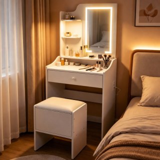 Toaletka kosmetyczna z lustrem i oświetleniem LED 3 barwy półki szuflada taboret ModernHome