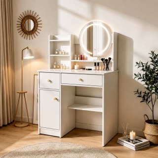 Toaletka kosmetyczna z okrągłym lustrem i oświetleniem LED 3 barwy półki szuflady ModernHome