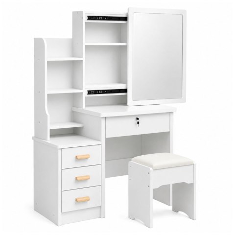 Toaletka Kosmetyczna z Lustrem Szuflady Półki Taboret Biała 130x80x36 cm