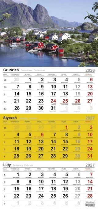 Kalendarz 2027 trójdzielny Czerwone domki