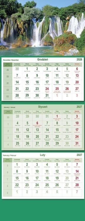 Kalendarz 2027 trójdzielny Wodospad