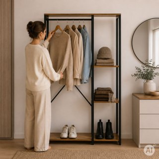Wieszak stojący z regałem do przedpokoju na ubrania buty loft jasny dąb ModernHome